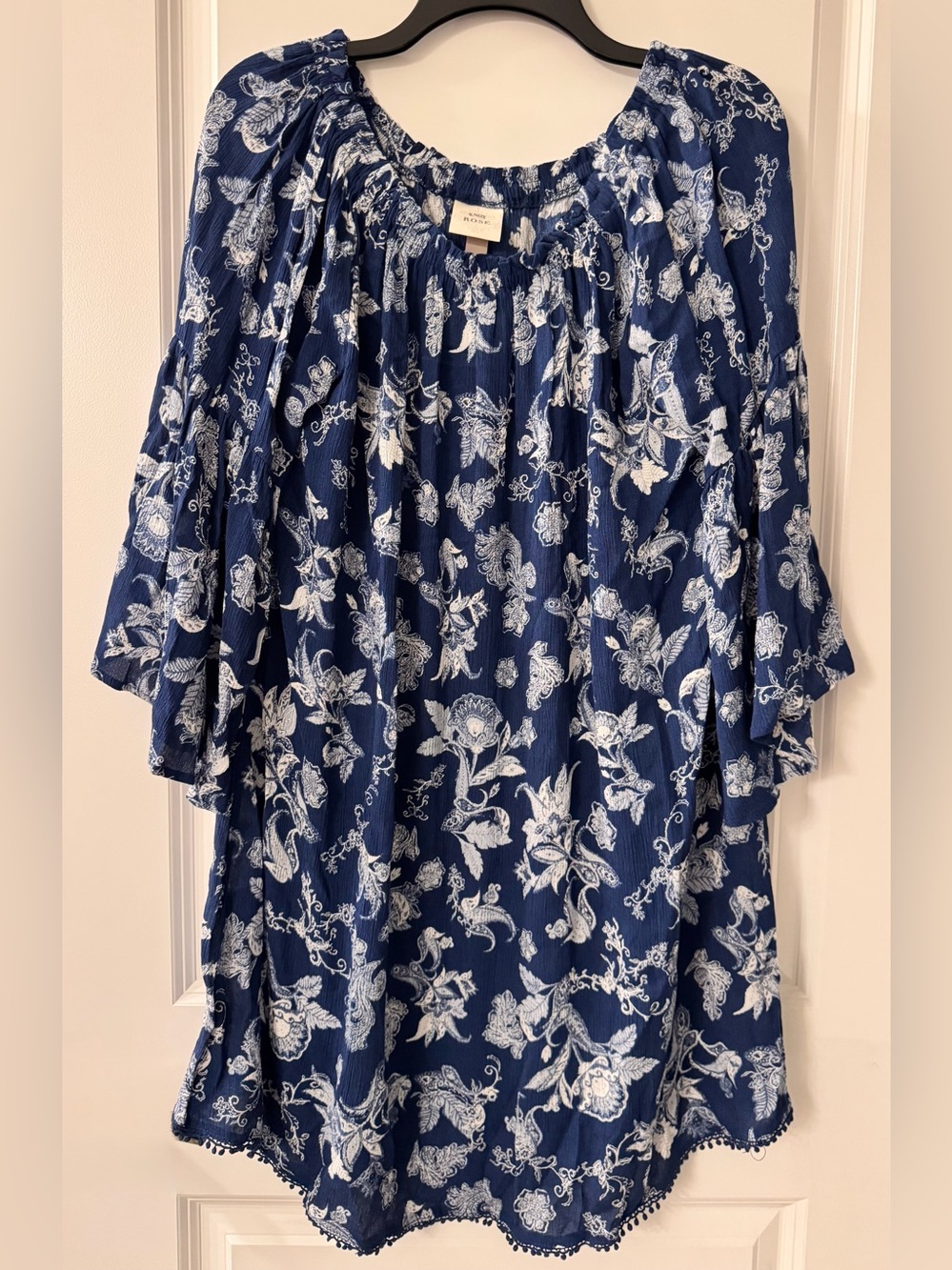 #x569 - Knox Rose Blue & White Jacobean Floral Crinkle Gauze Peasant Tunic Dress